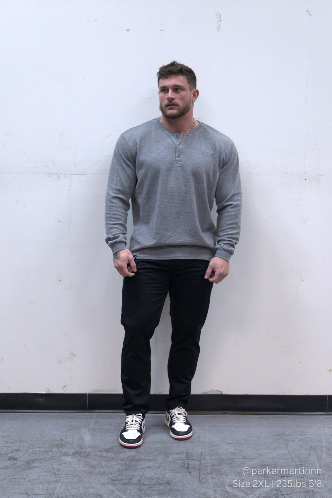 Waffle Knit Henley Long Sleeve T-Shirt - Dark Gray