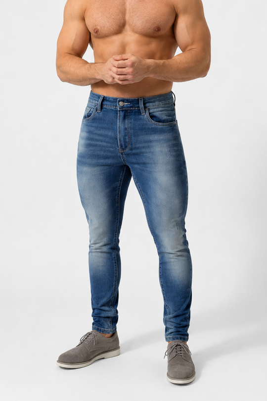 Men's Premium Fitted Stretchy Jeans - Faded Dark Blue