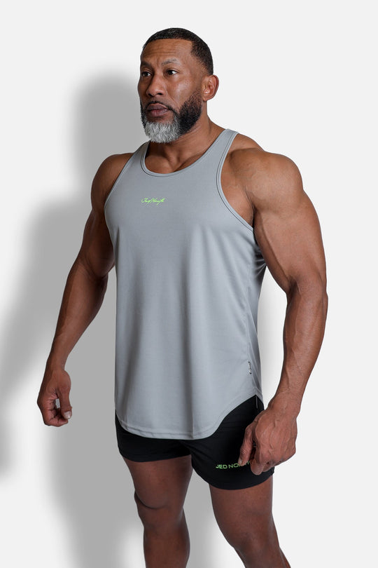 Fast-Dry Bodybuilding Workout Stringer - Light Gray w/ Neon Logo