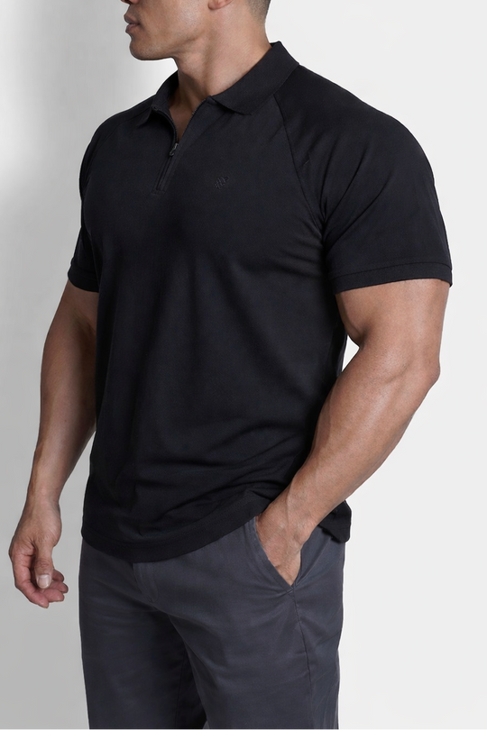 Premium Muscle-Fit Polo Tee w/ Zipper - Black